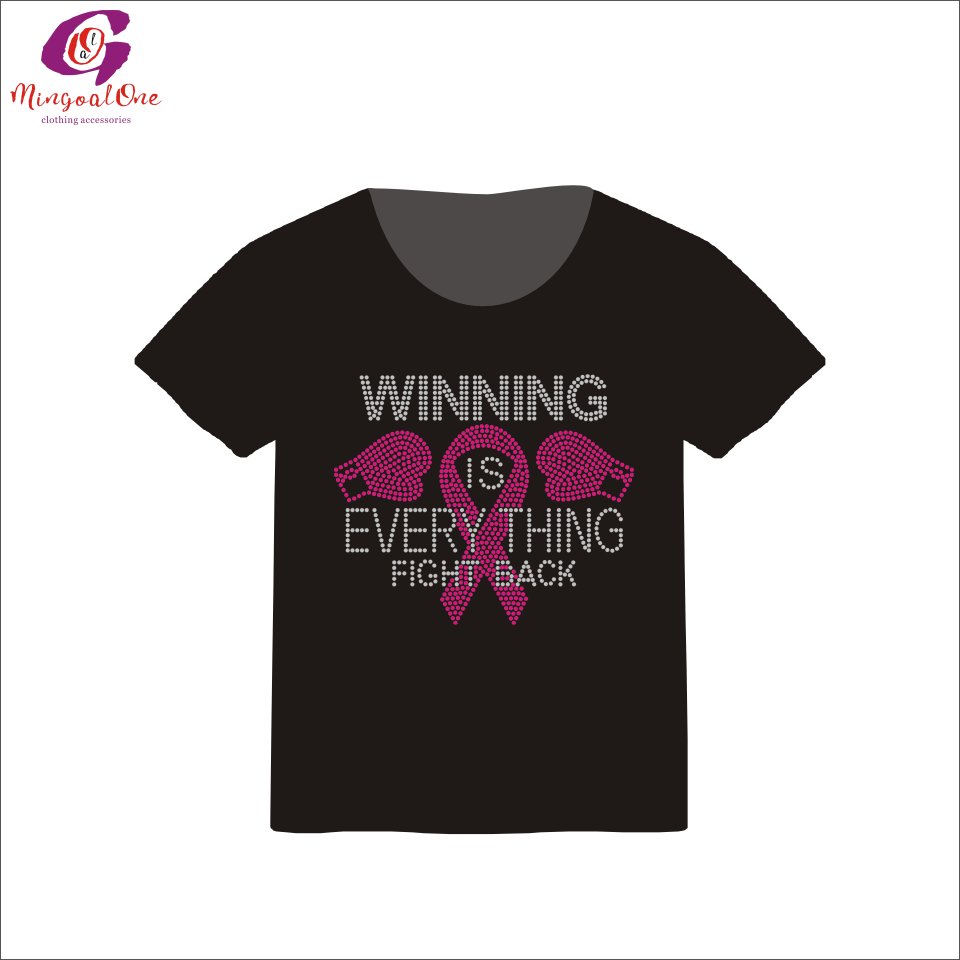 Good Selling Sparkle Custom Pink Ribbon Rhinestone Heat Transfer Give Cancer The Boot Ribbon Hot Fix Rhinestone Transfer Design