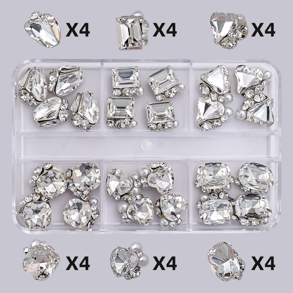 24pcs/6 grid Clear Diamond Crystal Nail Rhinestones Flatback Flash Nail Pile Gem Stones 8-11mm Nail Art Rhinestones Decorations