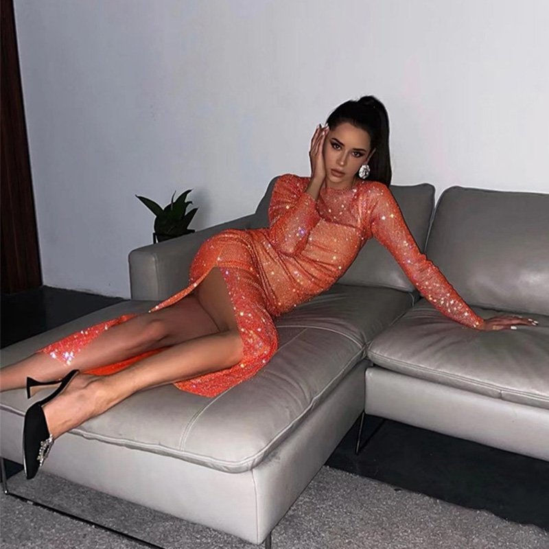 High Quality Luxury Mesh Rhinestone Dress Women Shiny Diamond Long Diamante Party Dress