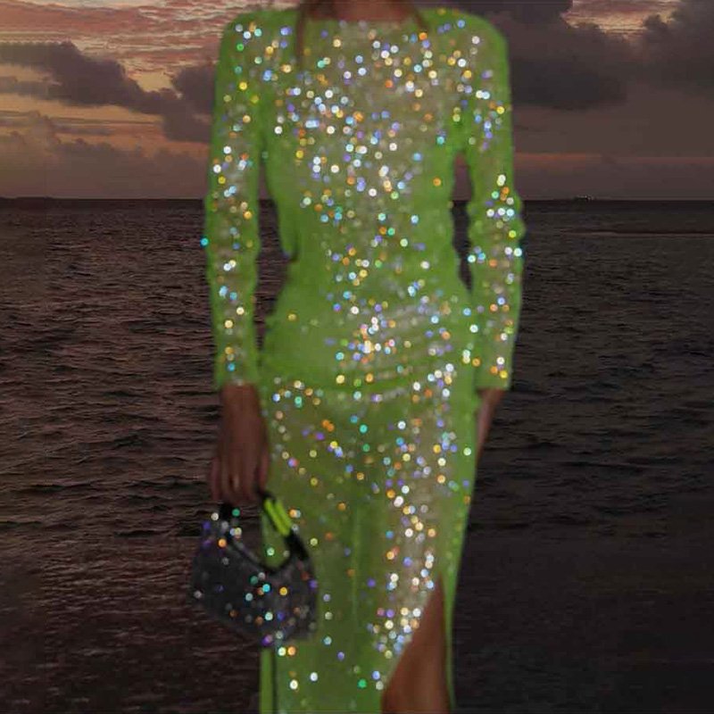 High Quality Luxury Mesh Rhinestone Dress Women Shiny Diamond Long Diamante Party Dress
