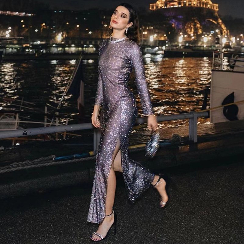 High Quality Luxury Mesh Rhinestone Dress Women Shiny Diamond Long Diamante Party Dress