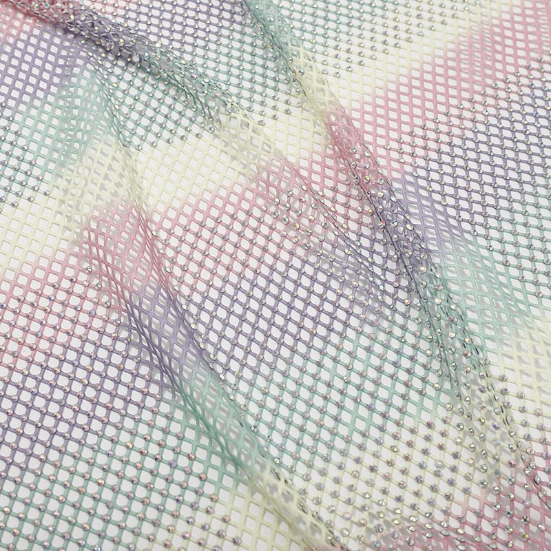 American wholesale 3d fishing net crystal rhinestone tulle lace fabric tulle bordado rhinestone mesh fabric
