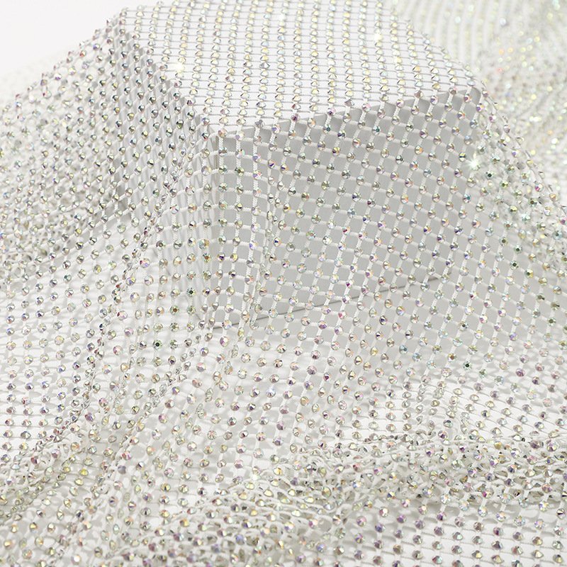 American wholesale 3d fishing net crystal rhinestone tulle lace fabric tulle bordado rhinestone mesh fabric