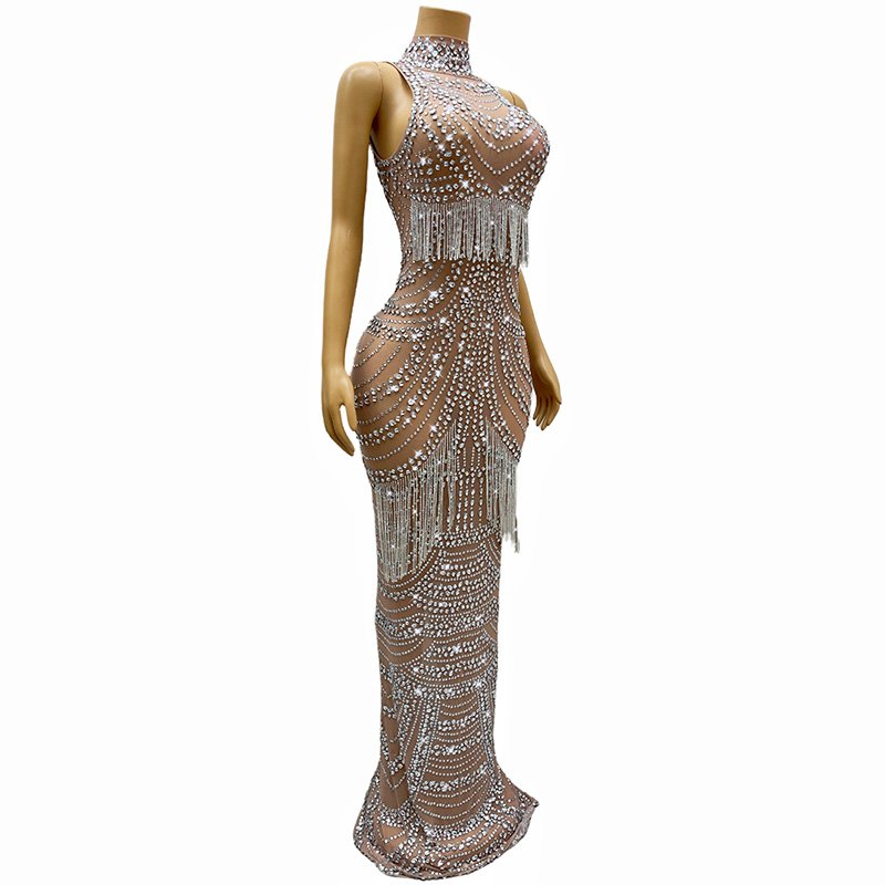 Novance Y3720 Tassel Rhinestone Dress High Quality Custom Dresses Women Rhinestones Diamond Dress Long For Party