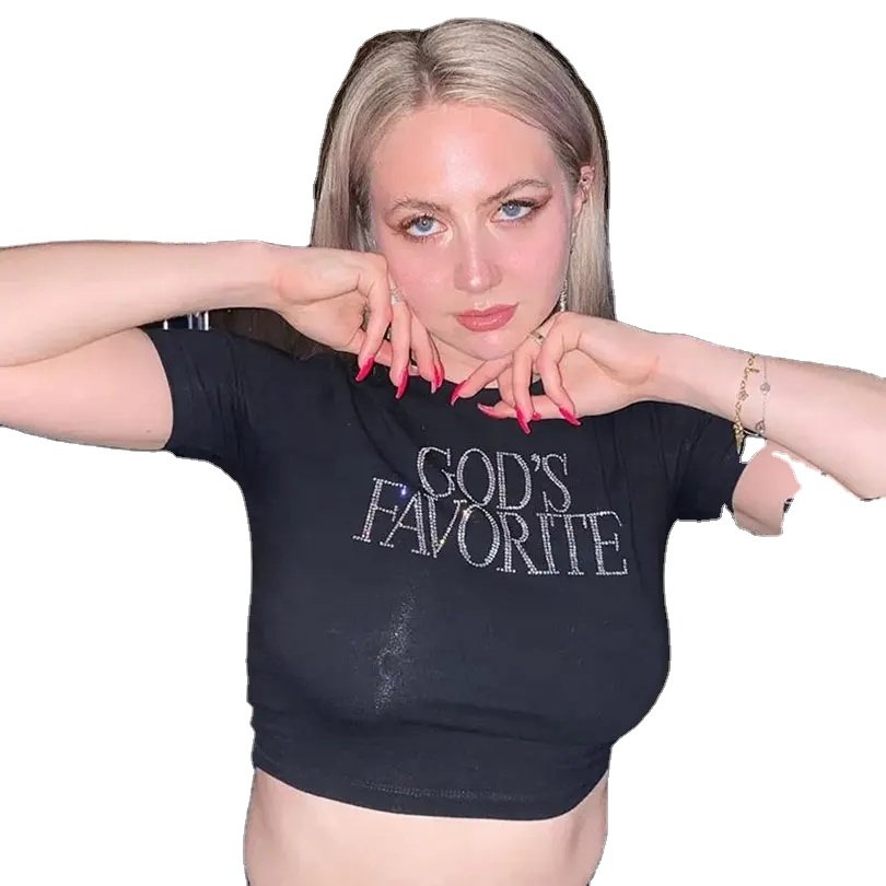 200gsm 94% Cotton 6% Spandex Diamond Crop Top T Shirts Summer Sexy Rhinestone Decoration Women Crop Top T Shirts