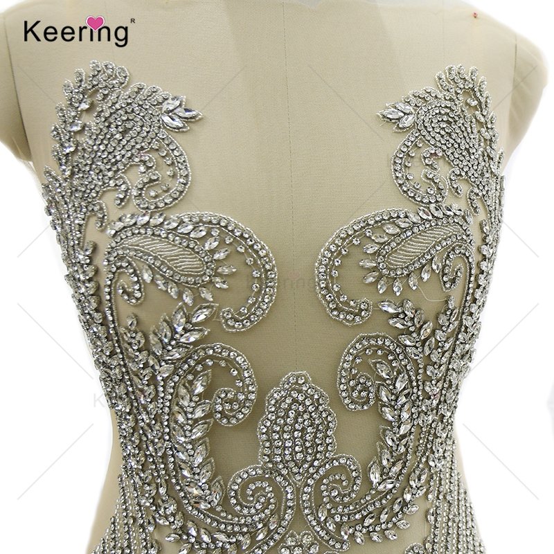 WDP-406 Keering 2024 Silver Rose Gold Multicolored Dress Panel Lace Flat Back Crystal Rhinestone Metal Applique