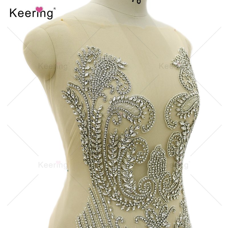 WDP-406 Keering 2024 Silver Rose Gold Multicolored Dress Panel Lace Flat Back Crystal Rhinestone Metal Applique
