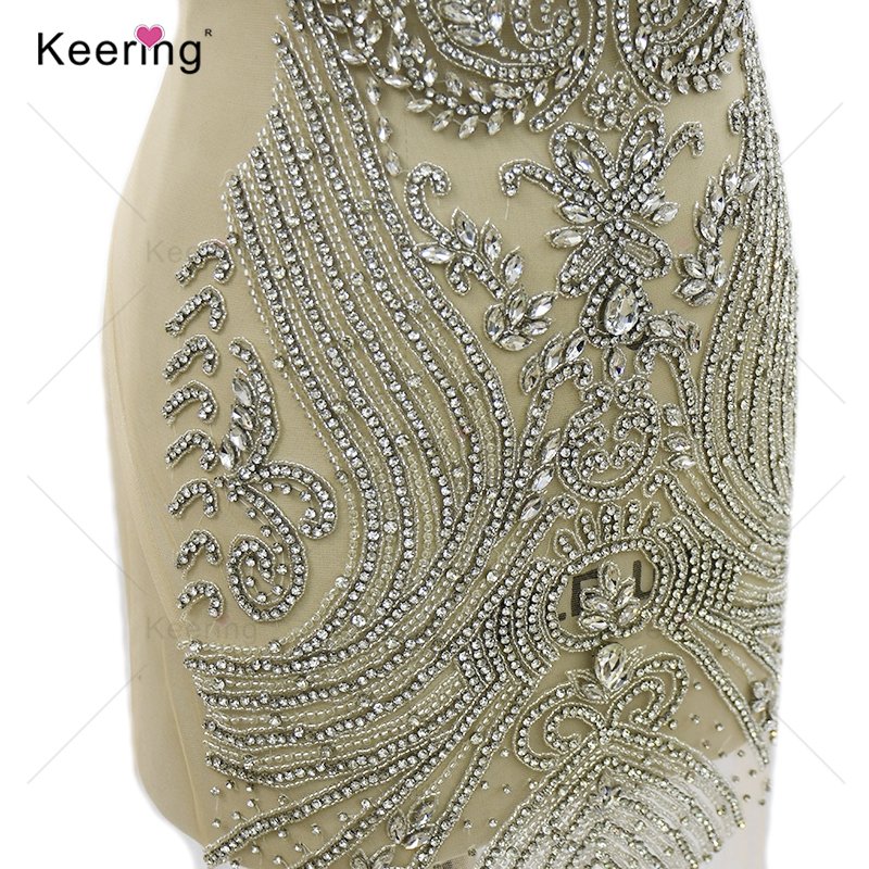 WDP-406 Keering 2024 Silver Rose Gold Multicolored Dress Panel Lace Flat Back Crystal Rhinestone Metal Applique