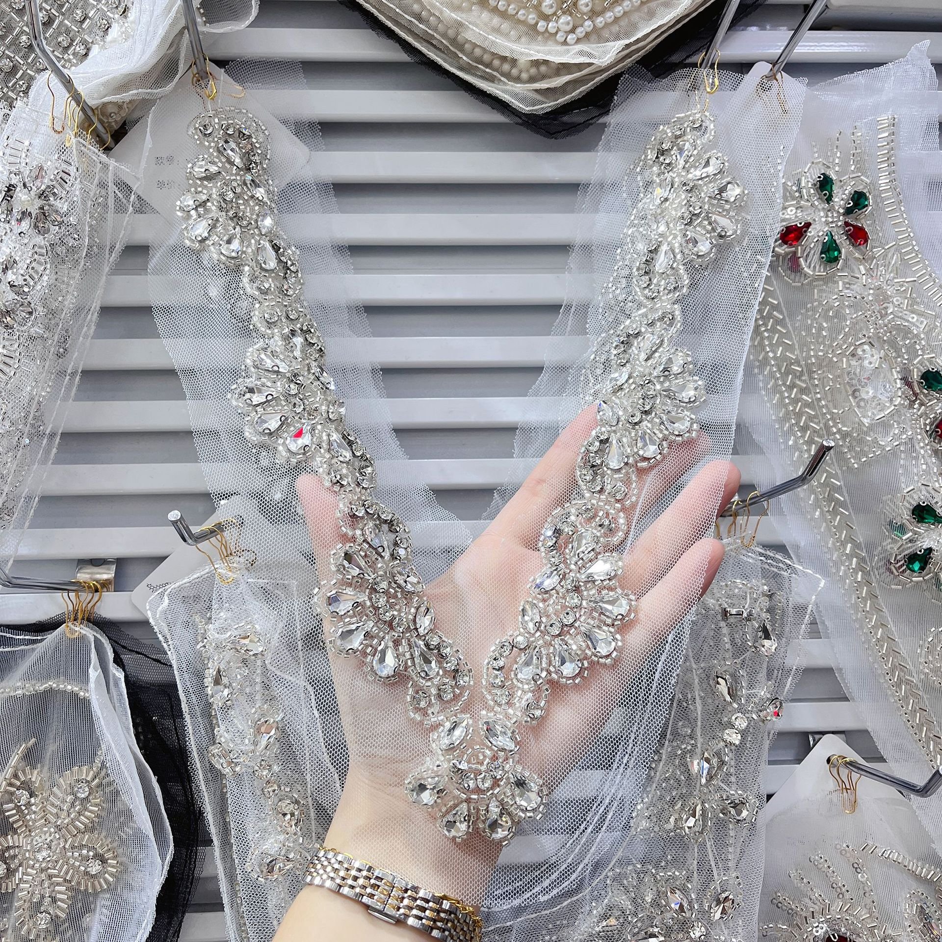 Embroidery beads corsage patches heavy sequins V Collar rhinestone tulle Neck lace applique For dress sexy underwear accessories