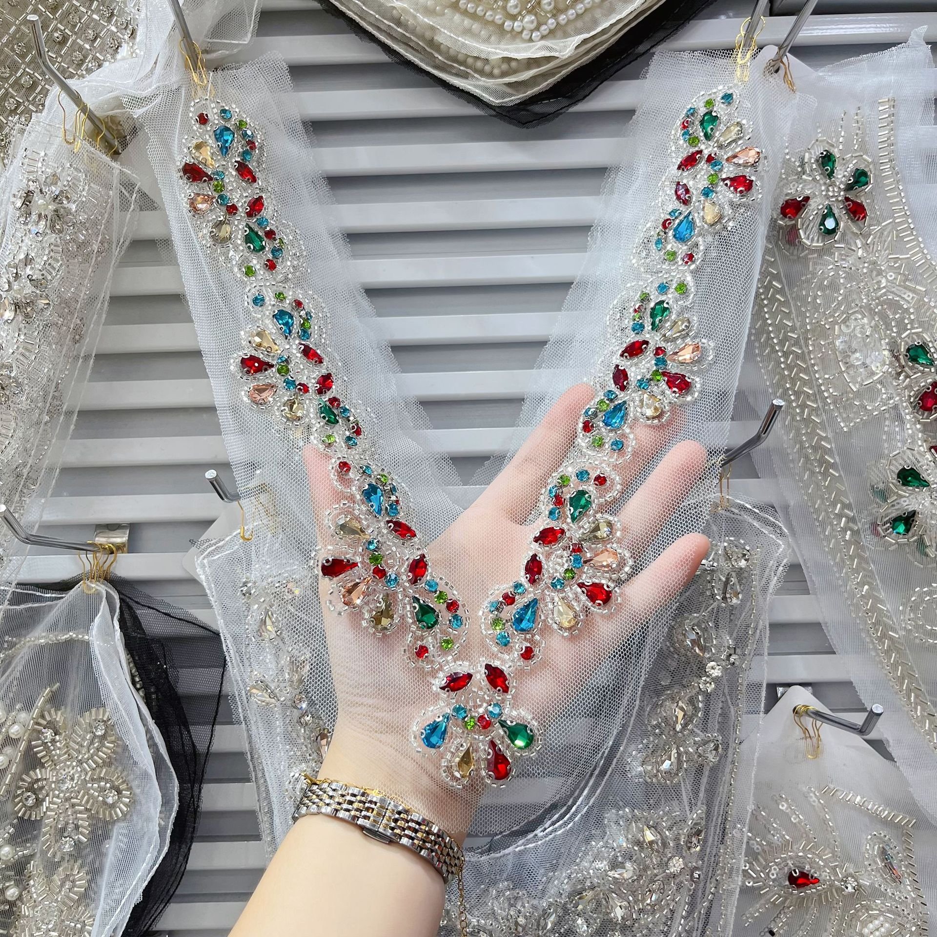 Embroidery beads corsage patches heavy sequins V Collar rhinestone tulle Neck lace applique For dress sexy underwear accessories