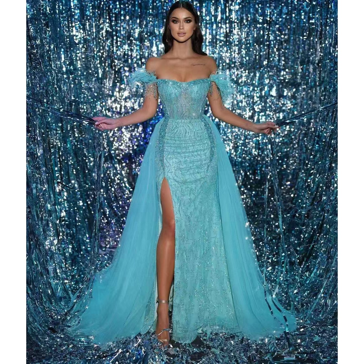 Long Elegant Sleeveless Cross-Border Feather Rhinestone Sequins Embroidered Mesh Tulle Maxi Celebrity Party Dress