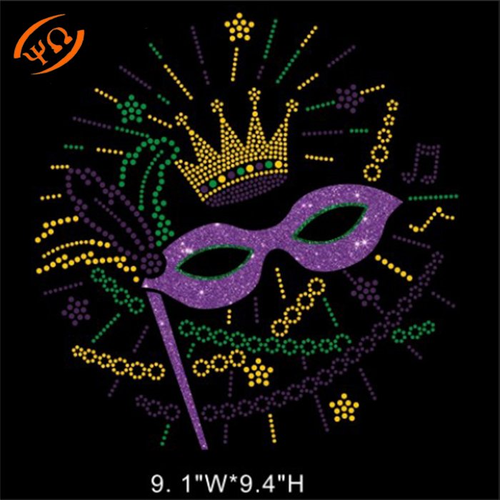 Bling Happy Mardi Gras Mask Feather Cute Rhinestone Iron On Transfer Hotfix