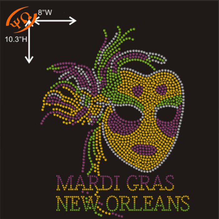 Bling Happy Mardi Gras Mask Feather Cute Rhinestone Iron On Transfer Hotfix
