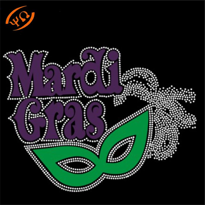 Bling Happy Mardi Gras Mask Feather Cute Rhinestone Iron On Transfer Hotfix