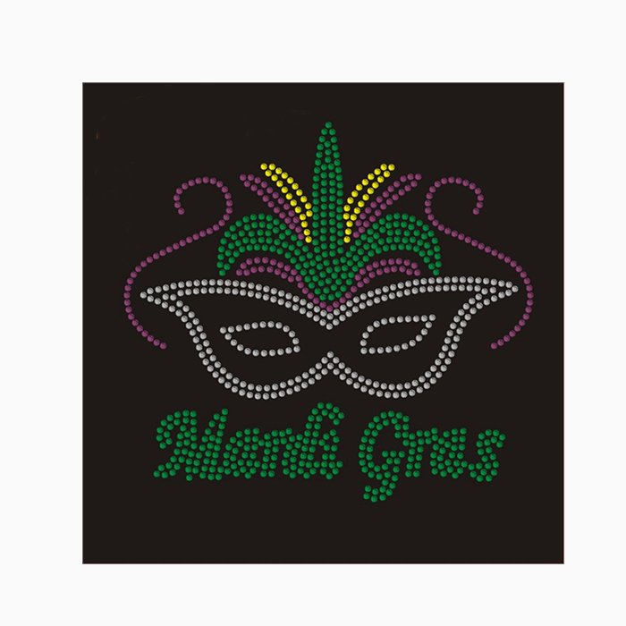 Bling Happy Mardi Gras Mask Feather Cute Rhinestone Iron On Transfer Hotfix