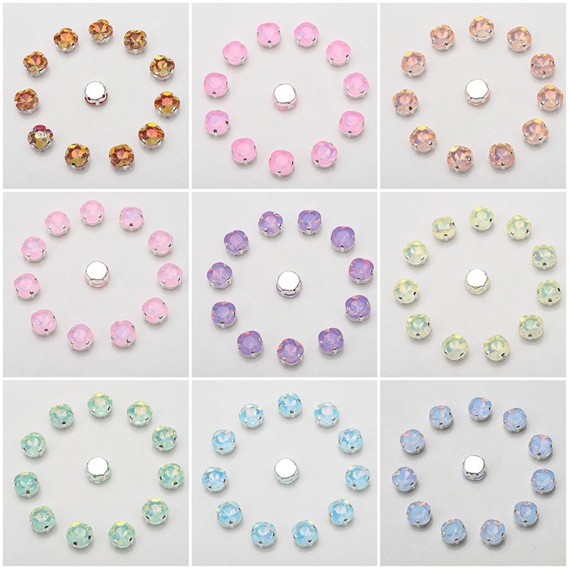 SZ Wholesale 10mm Cushion Glass Sew On Rhinestones Mocha Opal AB Crystal Perforate Setting Claw Strass For Clothe Wedding Shoes