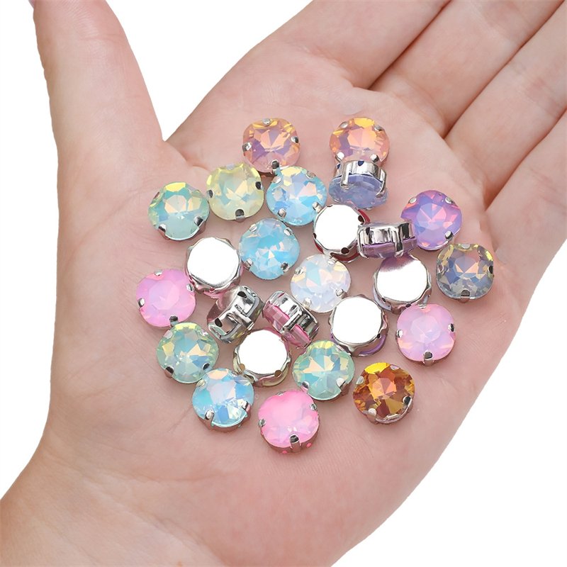 SZ Wholesale 10mm Cushion Glass Sew On Rhinestones Mocha Opal AB Crystal Perforate Setting Claw Strass For Clothe Wedding Shoes