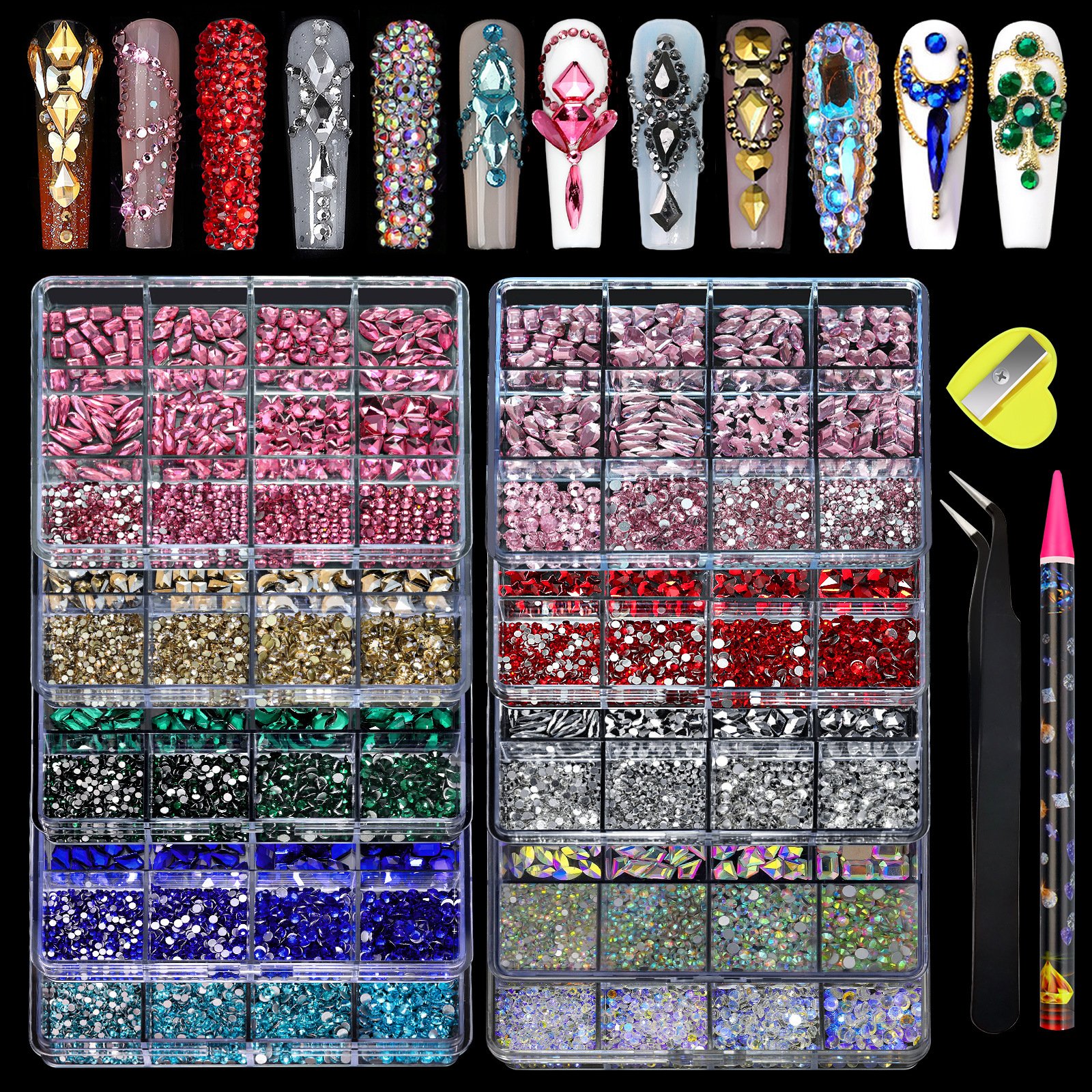 New Arrival 12 Grid Ss6-Ss16 Multi Shape Glass Crystal Stone Rhinestone Luxury Shine Diamond Nail Art Rhinestones Decoration