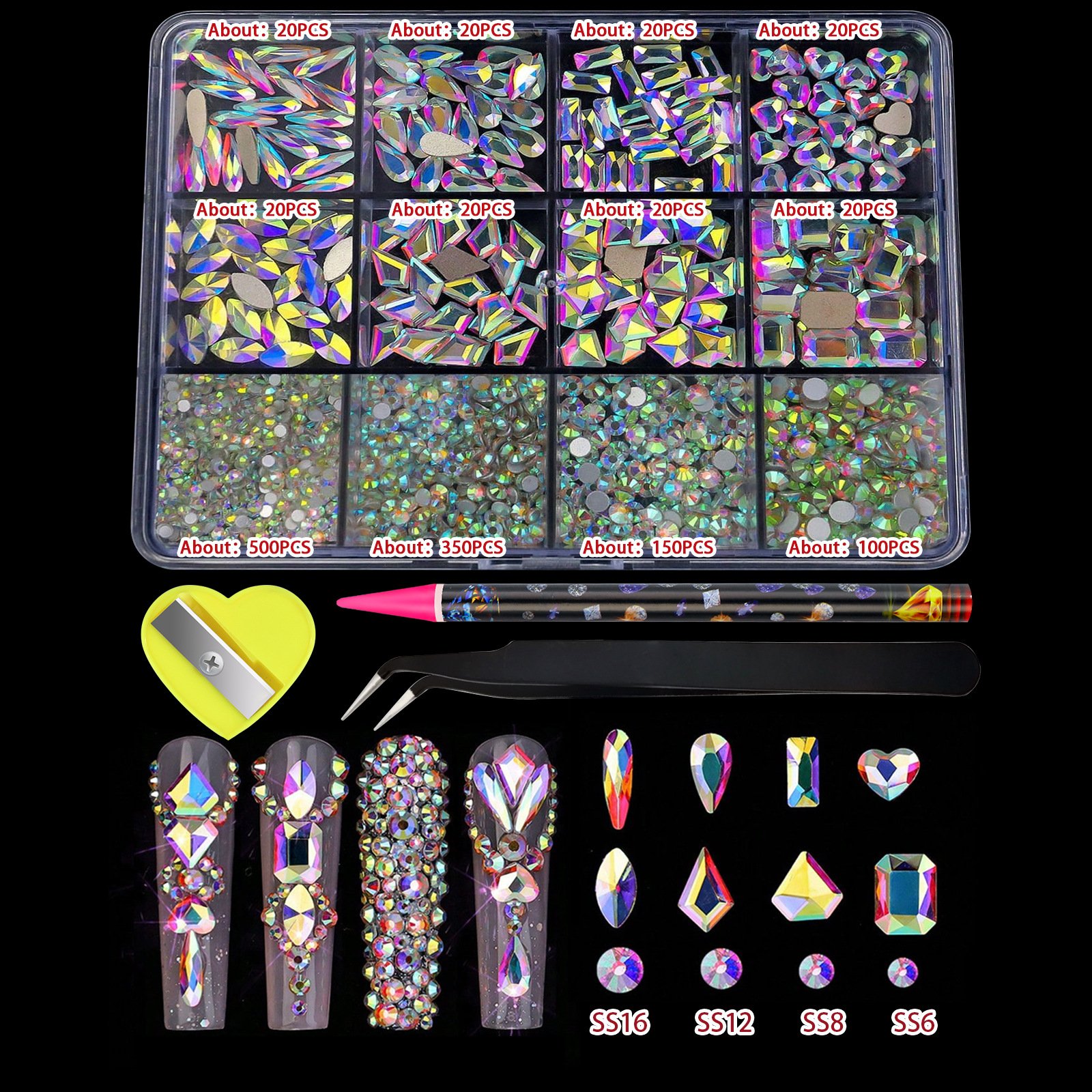 New Arrival 12 Grid Ss6-Ss16 Multi Shape Glass Crystal Stone Rhinestone Luxury Shine Diamond Nail Art Rhinestones Decoration