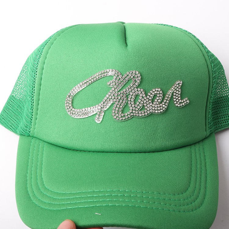 Wholesale words bling iron on rhinestone patches glitter hotfix resin crystal rhinestones cheer hat patches for trucker hat