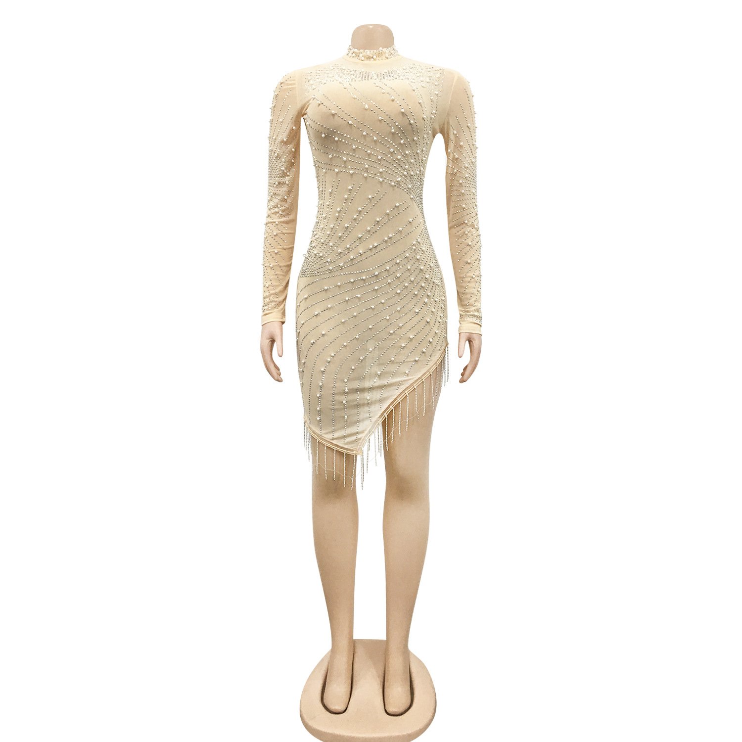 BH195 high quality rhinestone pearl dress sexy tassels perspective long sleeve elegant club party women clothing