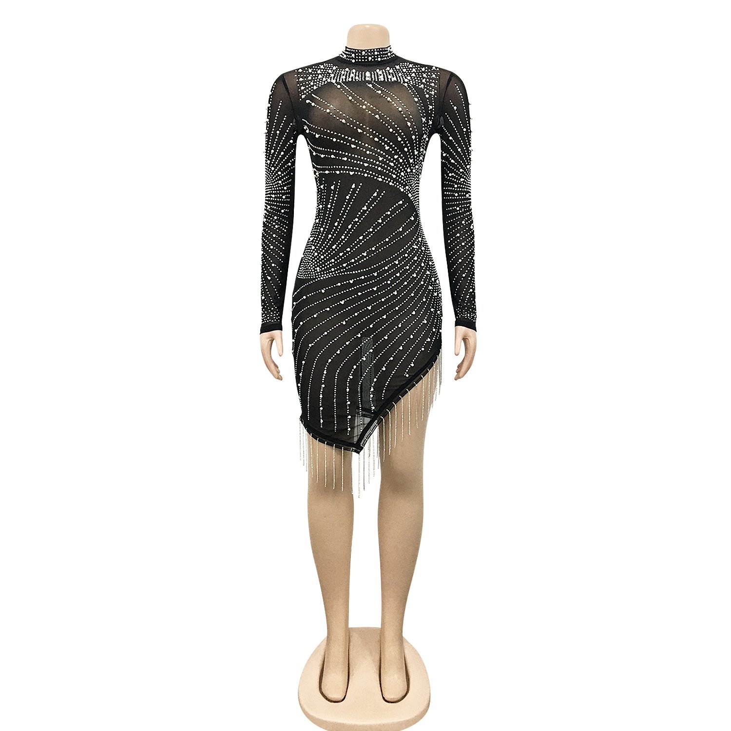 BH195 high quality rhinestone pearl dress sexy tassels perspective long sleeve elegant club party women clothing