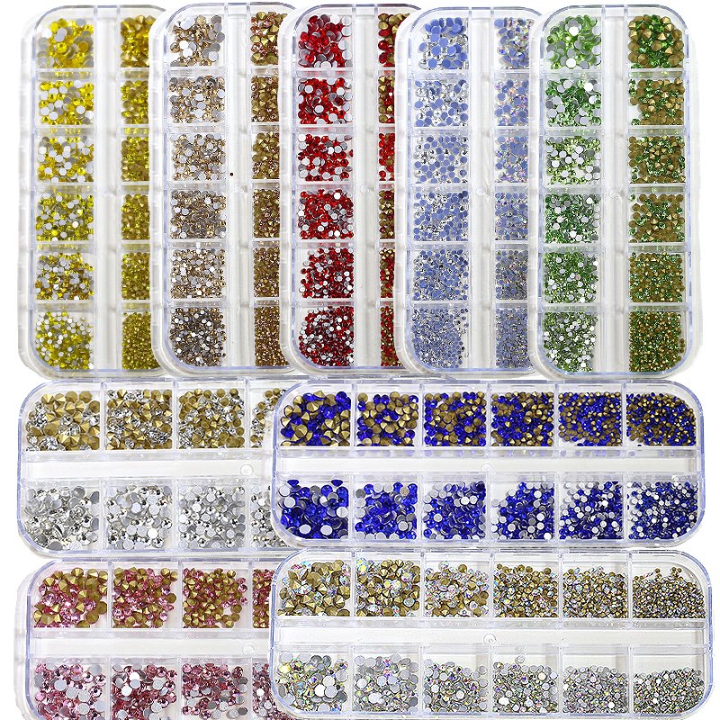 1400pcs 12grids Mix Size Flat Back Rhinestone Nail Art Charms Ss4-Ss16 Pointy Bottom Crystal Diamonds Nail Jewelry