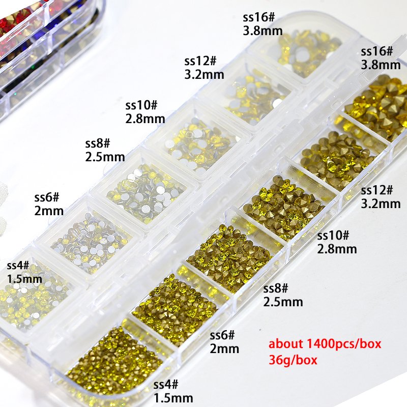 1400pcs 12grids Mix Size Flat Back Rhinestone Nail Art Charms Ss4-Ss16 Pointy Bottom Crystal Diamonds Nail Jewelry