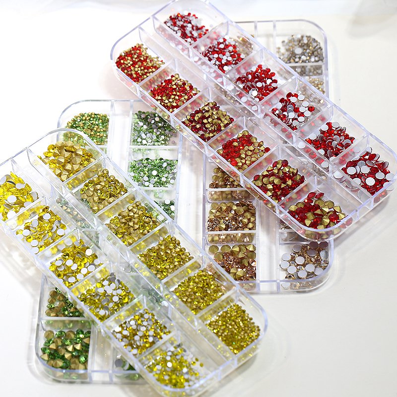1400pcs 12grids Mix Size Flat Back Rhinestone Nail Art Charms Ss4-Ss16 Pointy Bottom Crystal Diamonds Nail Jewelry