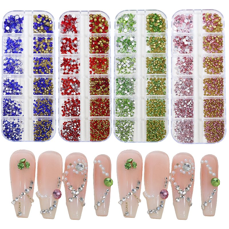 1400pcs 12grids Mix Size Flat Back Rhinestone Nail Art Charms Ss4-Ss16 Pointy Bottom Crystal Diamonds Nail Jewelry