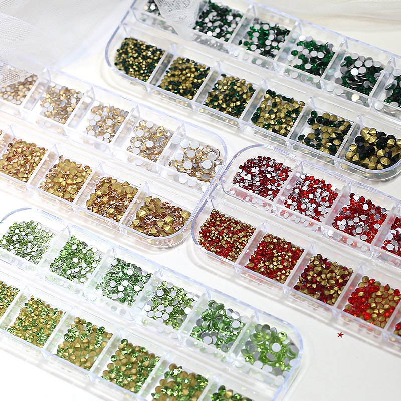 1400pcs 12grids Mix Size Flat Back Rhinestone Nail Art Charms Ss4-Ss16 Pointy Bottom Crystal Diamonds Nail Jewelry