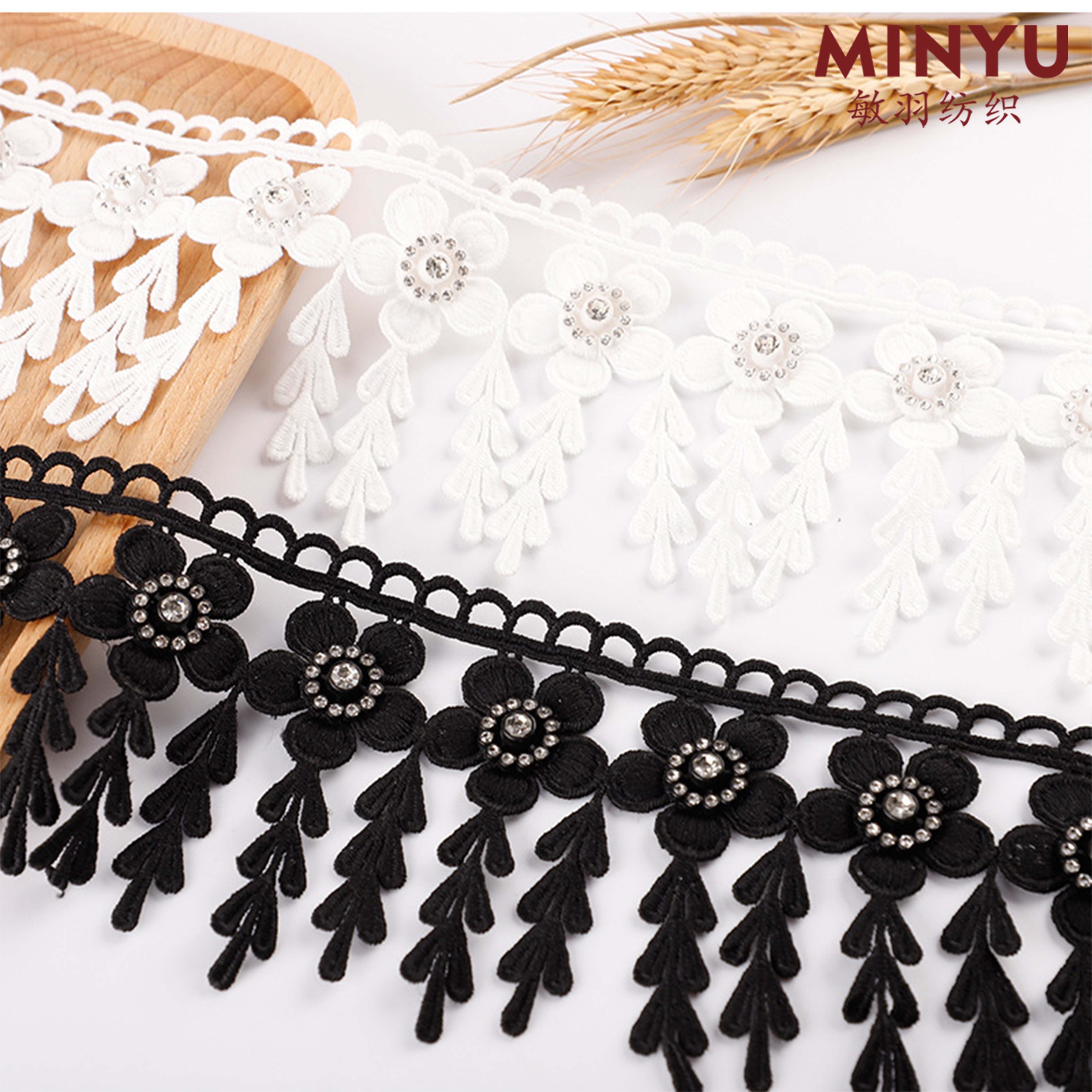 Hot Sale Polyester Embroidered Fringe Tassel Lace Rhinestone Beads Decorative Lace Trim For Women's Dresses Curtain Accessory