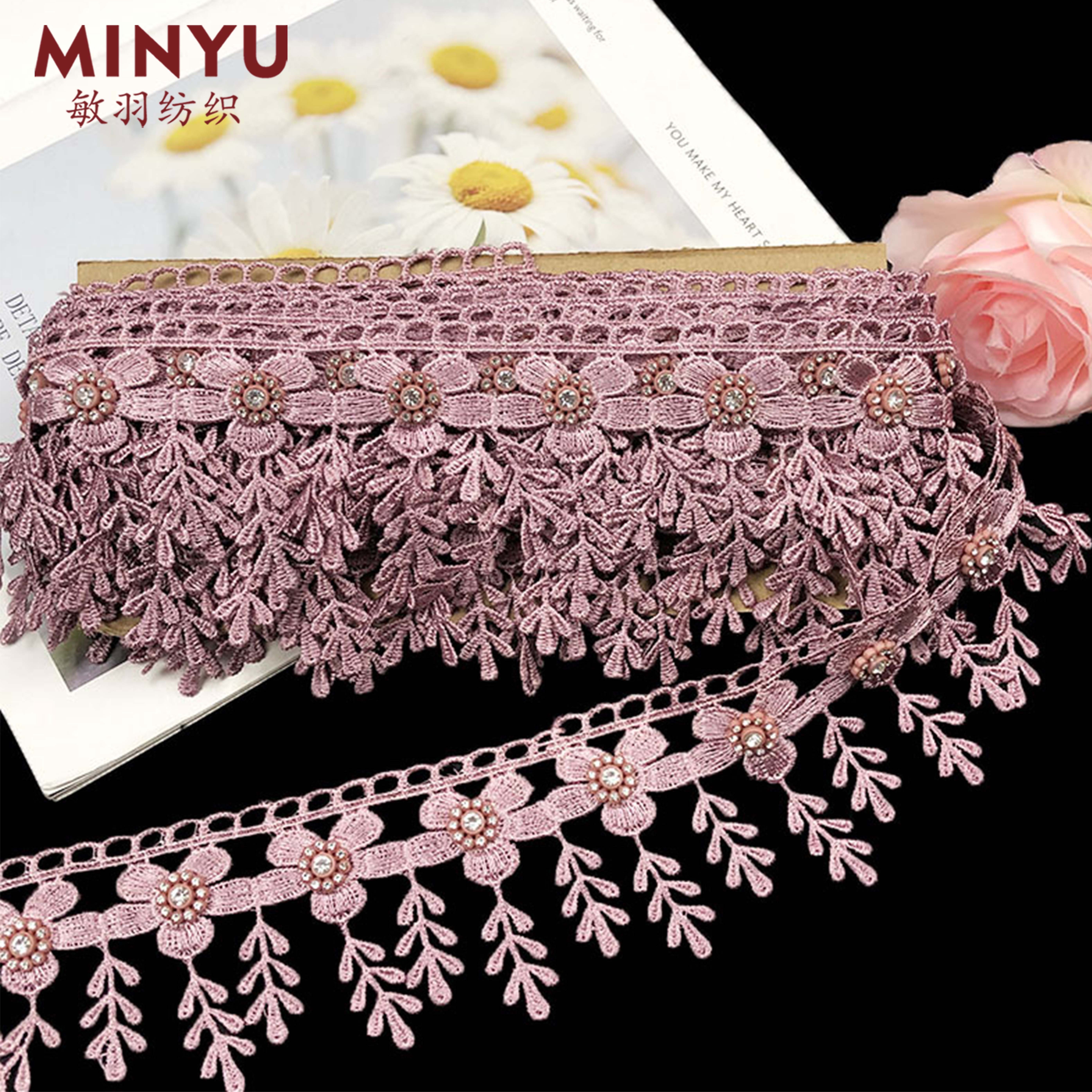 Hot Sale Polyester Embroidered Fringe Tassel Lace Rhinestone Beads Decorative Lace Trim For Women's Dresses Curtain Accessory