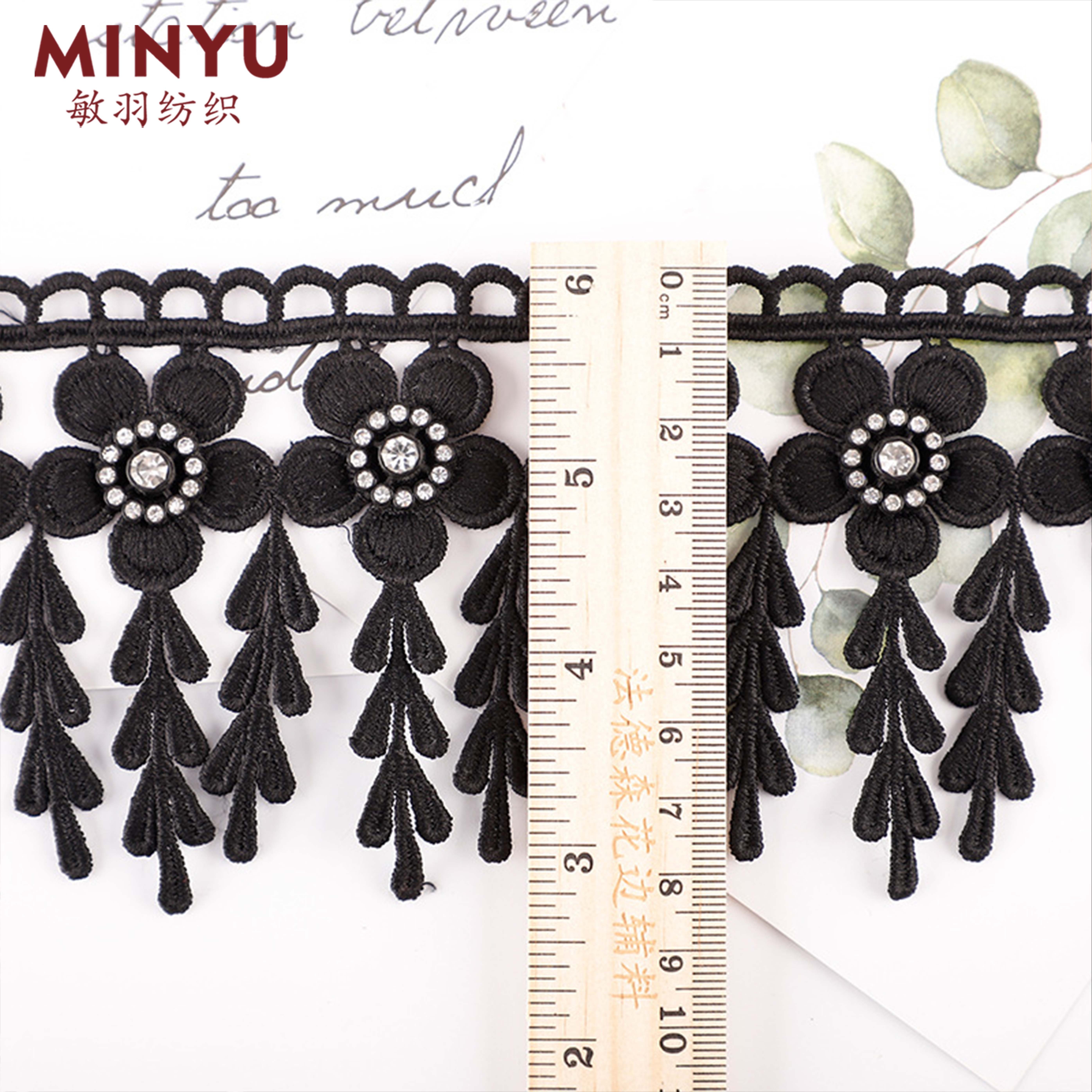 Hot Sale Polyester Embroidered Fringe Tassel Lace Rhinestone Beads Decorative Lace Trim For Women's Dresses Curtain Accessory
