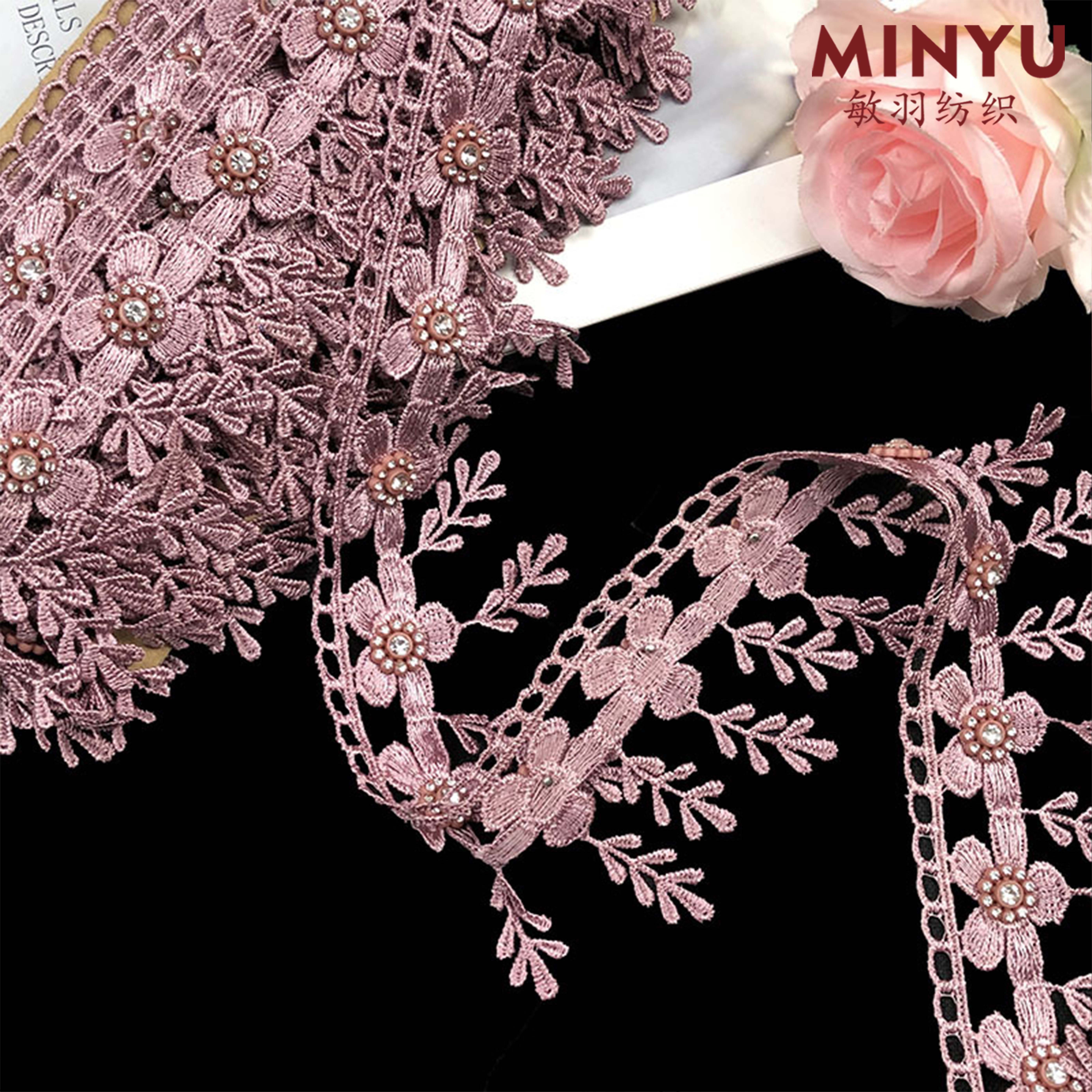 Hot Sale Polyester Embroidered Fringe Tassel Lace Rhinestone Beads Decorative Lace Trim For Women's Dresses Curtain Accessory