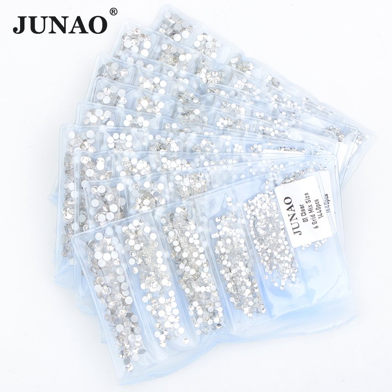JUNAO Wholesale 6 Grids Mix Size Nail Diamond Strass Round Flatback Crystal Stones Glass Nail Rhinestone For Manicure