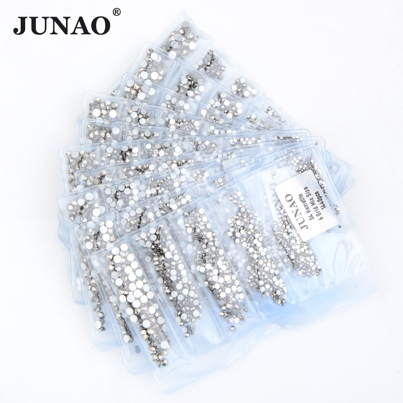 JUNAO Wholesale 6 Grids Mix Size Nail Diamond Strass Round Flatback Crystal Stones Glass Nail Rhinestone For Manicure