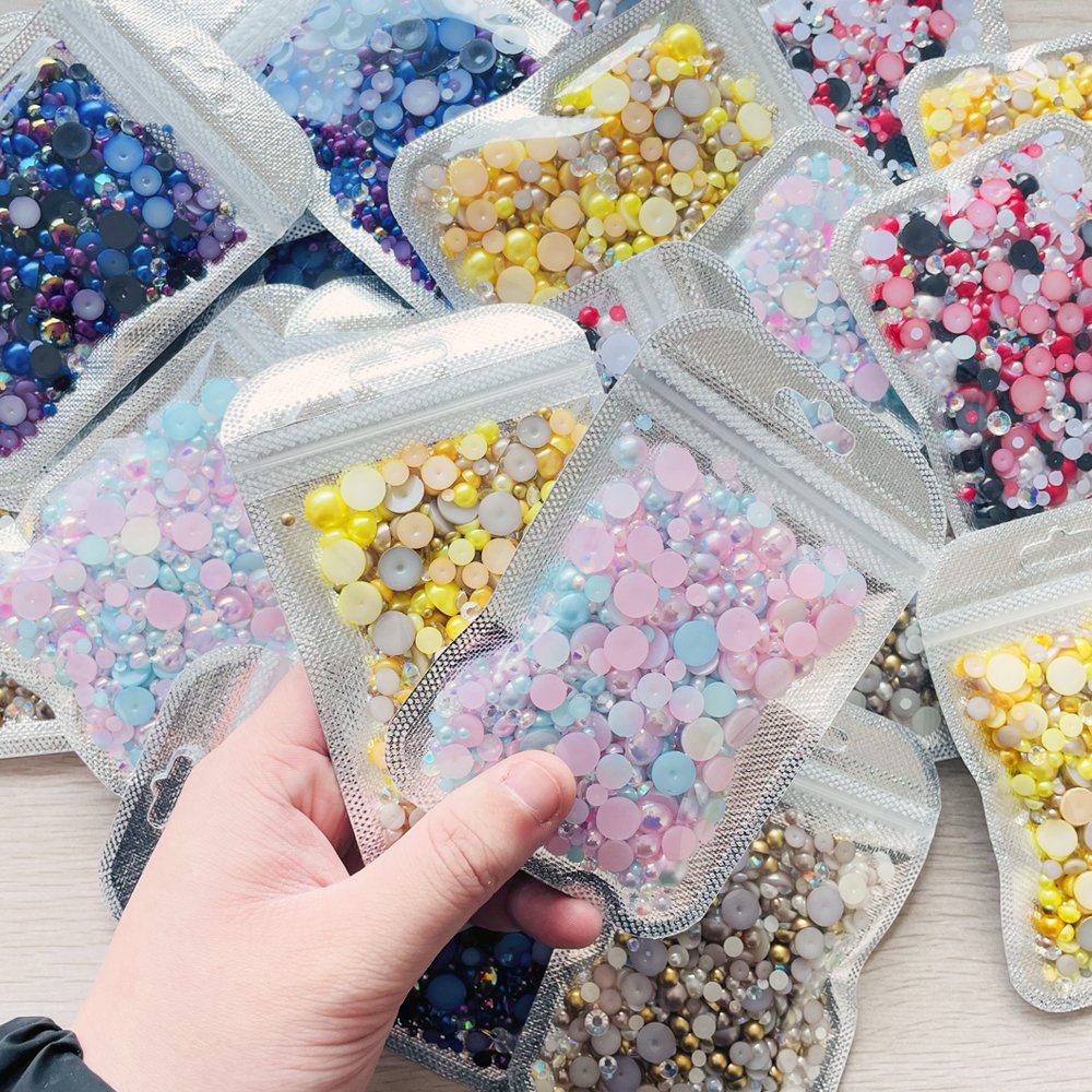 DIY Mix Sizes 3-10mm Customized OEM 30g/1500pcs Colorful ABS Half Round Pearl And Flat Back Resin Rhinestones For Nail Art