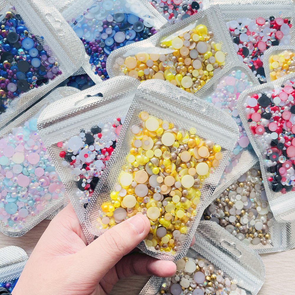 DIY Mix Sizes 3-10mm Customized OEM 30g/1500pcs Colorful ABS Half Round Pearl And Flat Back Resin Rhinestones For Nail Art