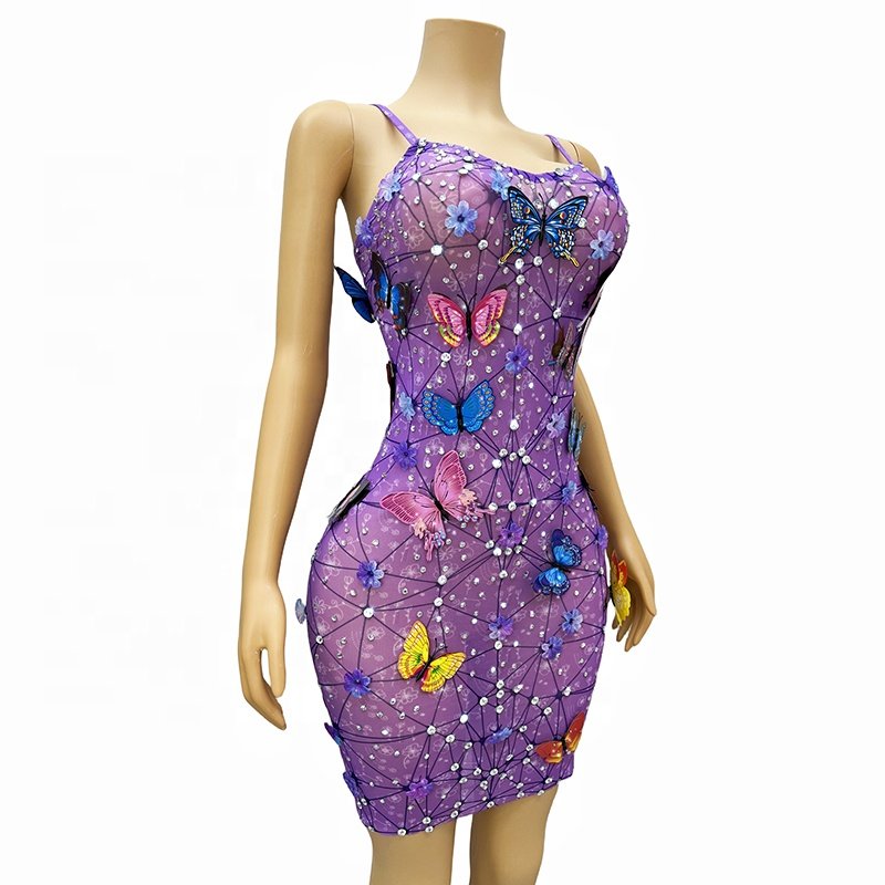 customized short mini purple women plus size clothing rhinestone applique dress shiny strip with crystals for dresses