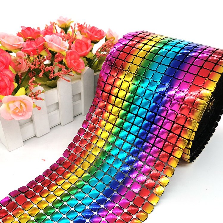 Square Transfer DIY Accessories Sequin Rhinestone Mesh Roll Rainbow Multicolor Trim Plastic Fashion 12 Row Customized 1000 Yards