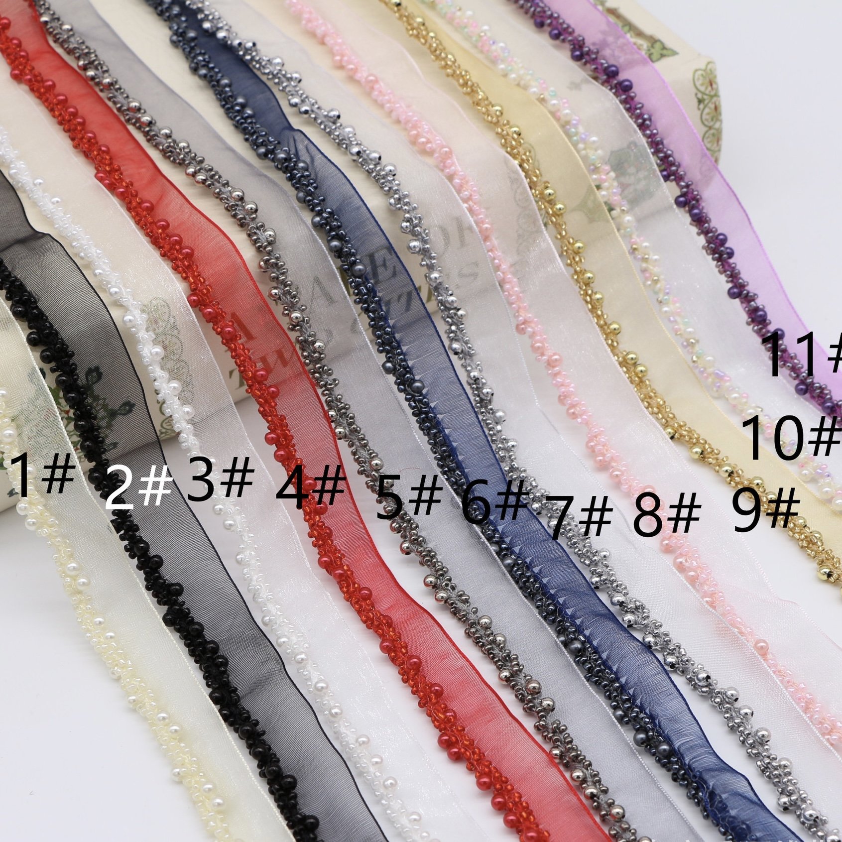Trend beaded lace trims colorful big small pearl rhinestone beaded for Hat headdress bags DIY clothing accessories