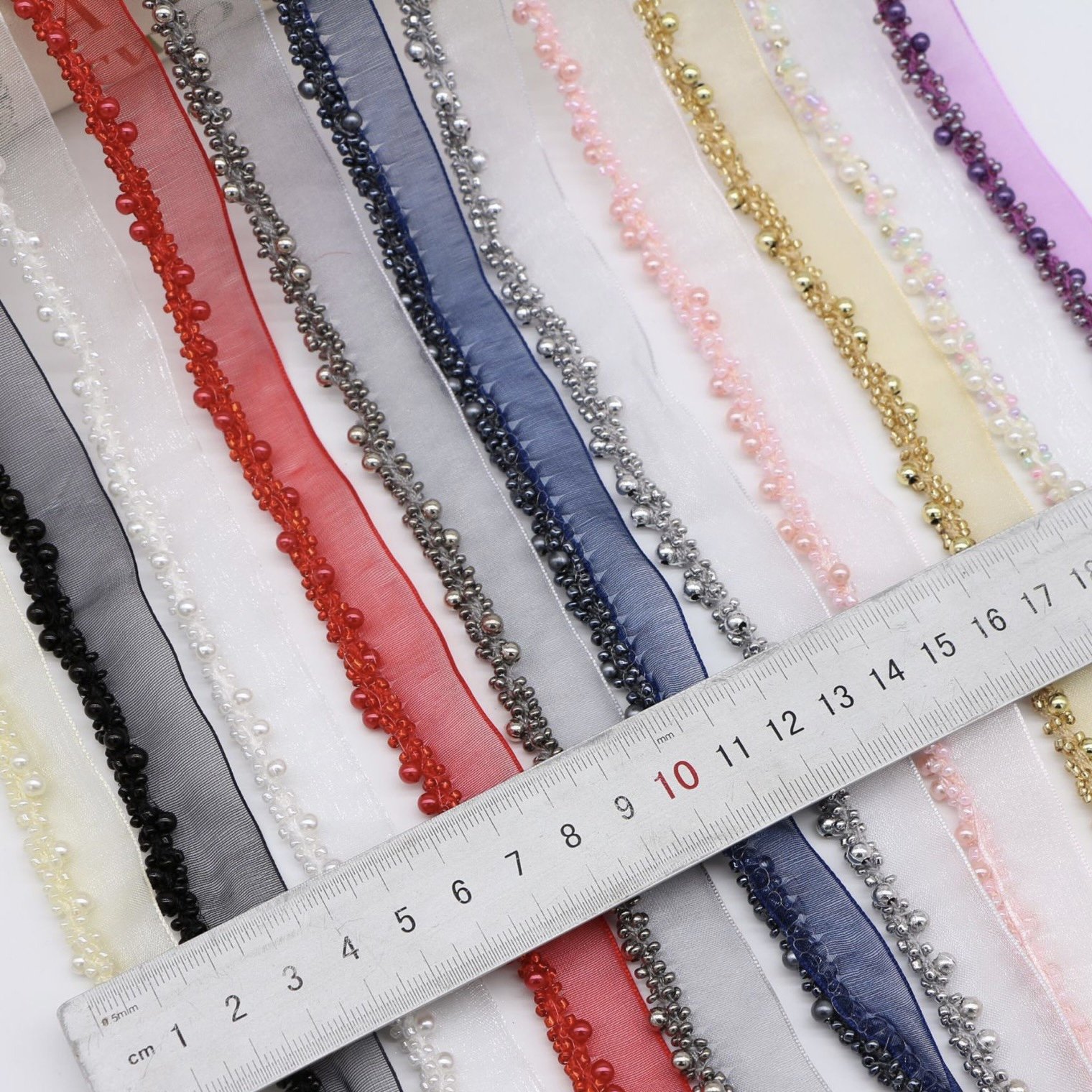 Trend beaded lace trims colorful big small pearl rhinestone beaded for Hat headdress bags DIY clothing accessories