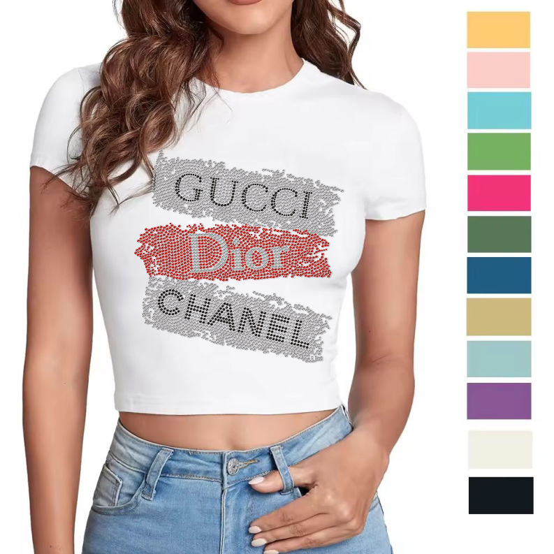Custom Logo Streetwear Summer Street Skinny Rhinestone Transfer T shirt Hot fix Rhinestone Cotton Crop Top for Women