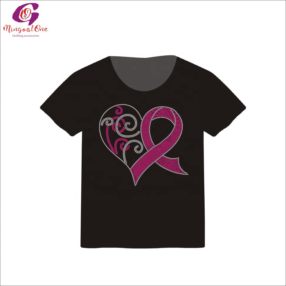 Low Minimum Pink Ribbon Heart Rhinestone Heat Transfer Custom Your Own Cancer Ribbon Rhinestone Iron on Design for Shirt