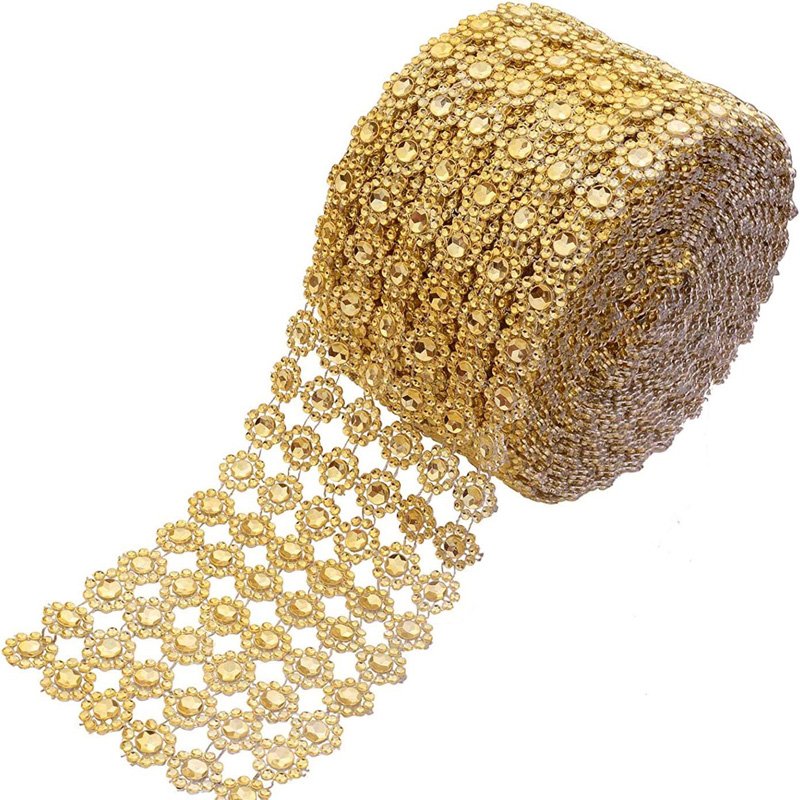 Plastic Diamond Flower Shape Mesh Ribbon Wrap for Wedding Cake Vase Decorations Party Silver Acrylic Bling Diamond Wrap Ribbon