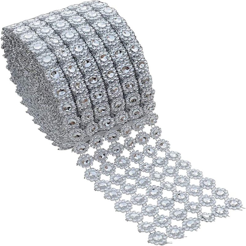 Plastic Diamond Flower Shape Mesh Ribbon Wrap for Wedding Cake Vase Decorations Party Silver Acrylic Bling Diamond Wrap Ribbon