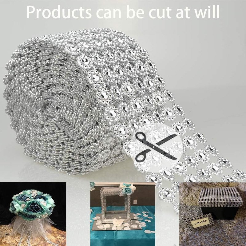 Plastic Diamond Flower Shape Mesh Ribbon Wrap for Wedding Cake Vase Decorations Party Silver Acrylic Bling Diamond Wrap Ribbon