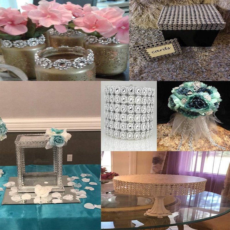 Plastic Diamond Flower Shape Mesh Ribbon Wrap for Wedding Cake Vase Decorations Party Silver Acrylic Bling Diamond Wrap Ribbon