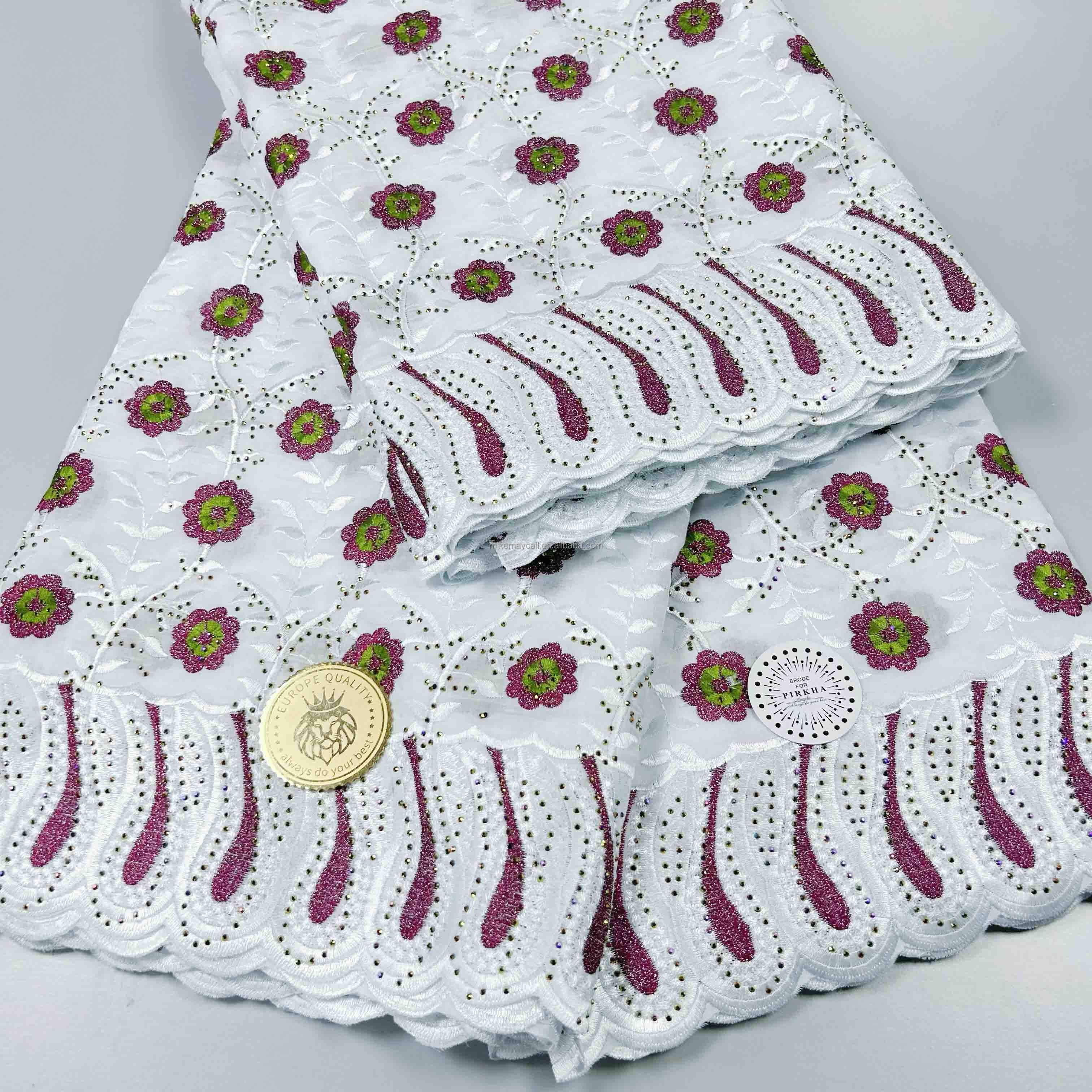 Original swiss voile lace Dubai Style gold nigerian lace fabrics Cotton Lace With Rhinestones for Women Robe Material